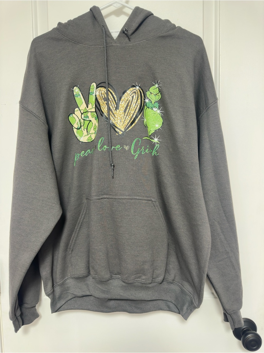New Gray Graphic Grinch Hoodie Sweatshirt with Green & Gold Accents